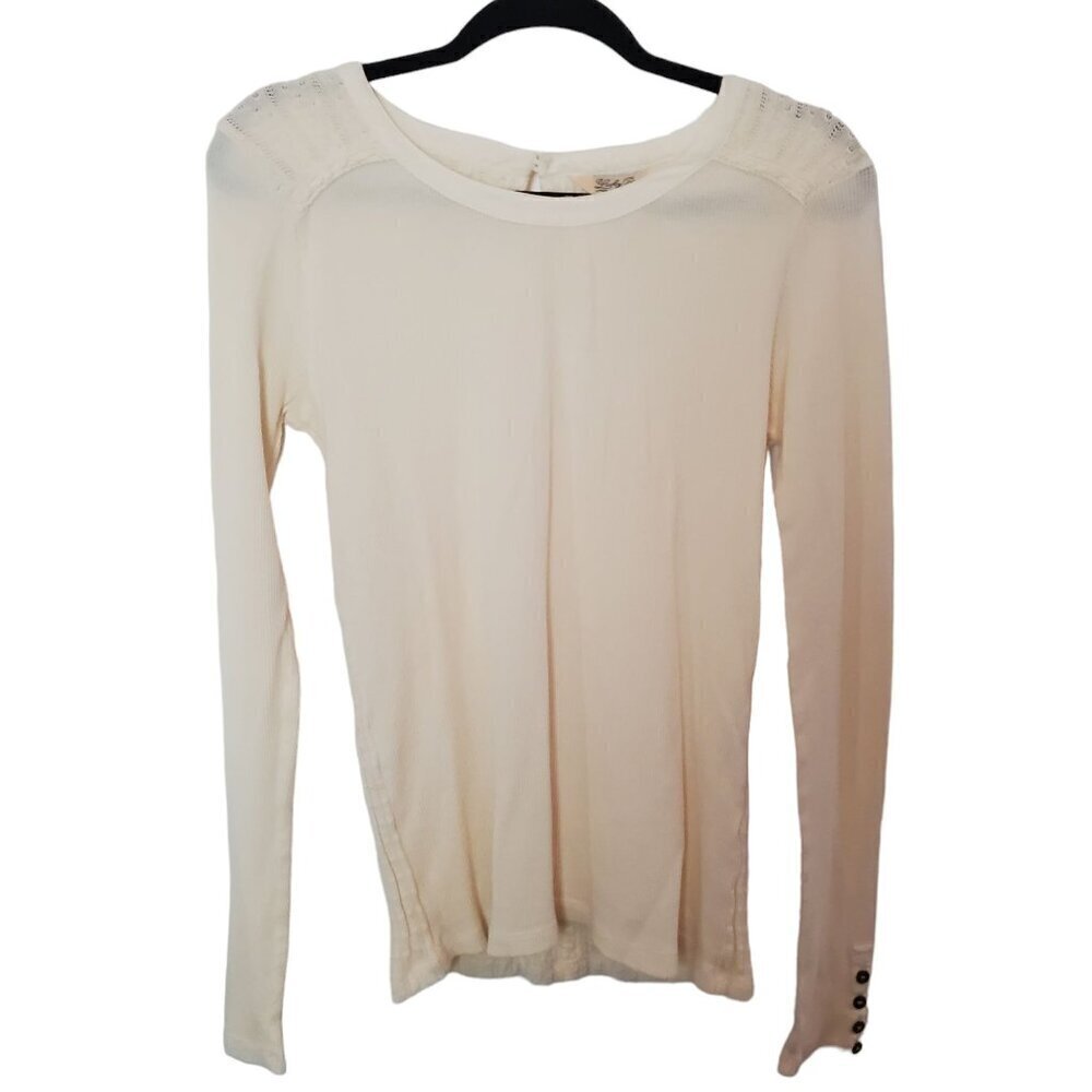 Lucky Brand Waffle Knit Sweater Womens XL Cream Keyhole Back Button Cuff Boho